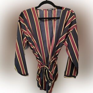Boohoo Women's Multicolor Striped Long Sleeve V-Neck Belted Wrap Blouse Size 8